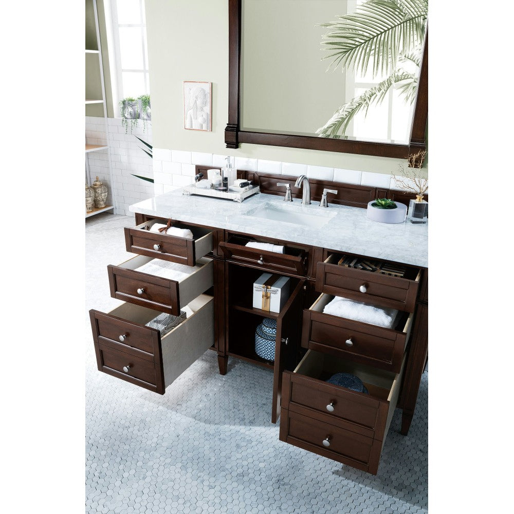 Brittany 60" Burnished Mahogany Single Vanity w/ 3 CM Carrara Marble Top