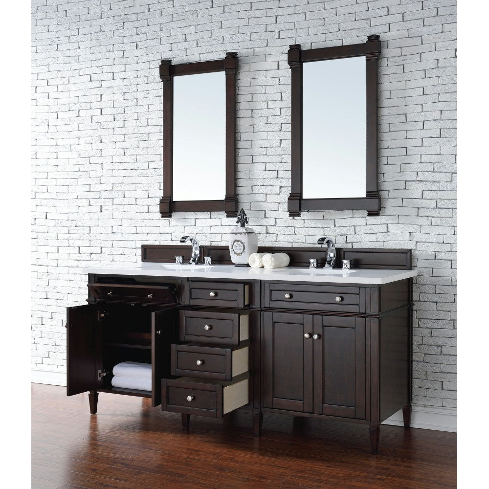 Brittany 72" Burnished Mahogany Double Vanity w/ 3 CM Classic White Quartz Top