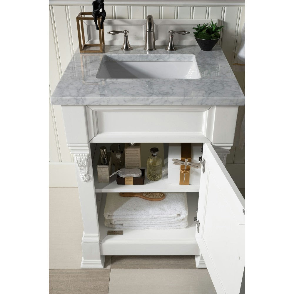 Brookfield 26" Single Vanity, Bright White w/ 3 CM Carrara Marble Top