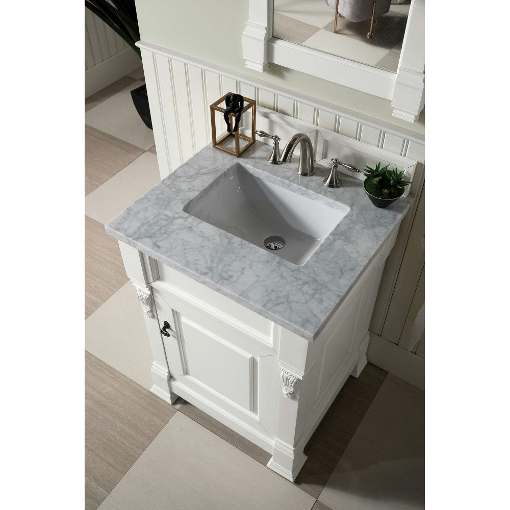 Brookfield 26" Single Vanity, Bright White w/ 3 CM Carrara Marble Top