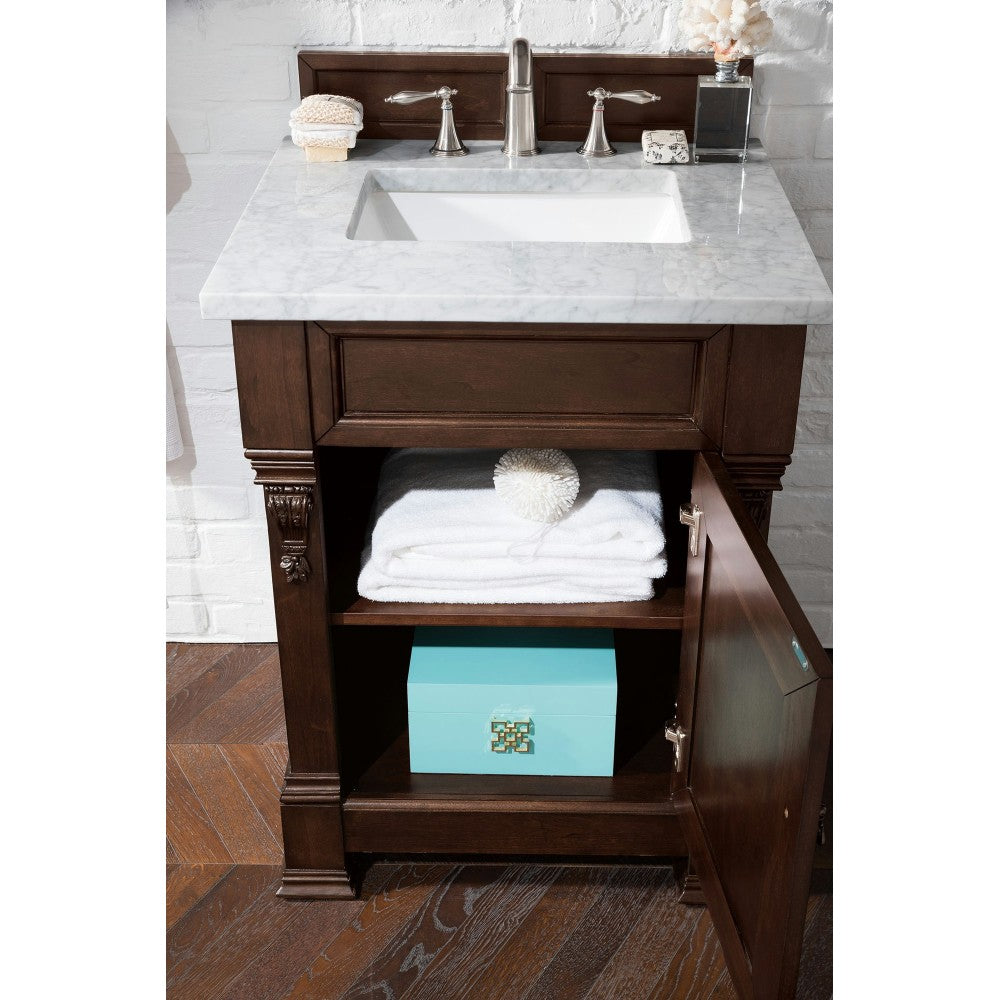 Brookfield 26" Single Vanity, Burnished Mahogany w/ 3 CM Carrara Marble Top