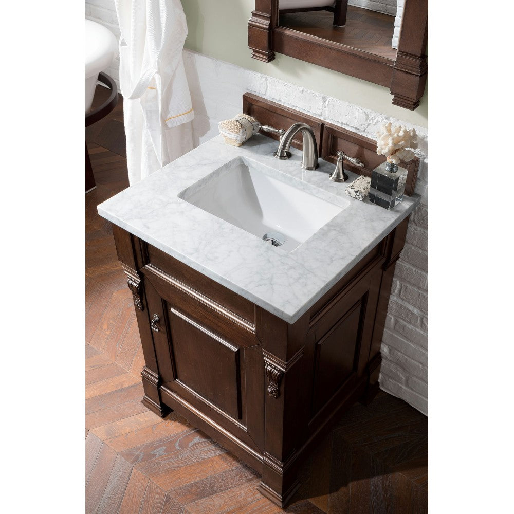 Brookfield 26" Single Vanity, Burnished Mahogany w/ 3 CM Carrara Marble Top