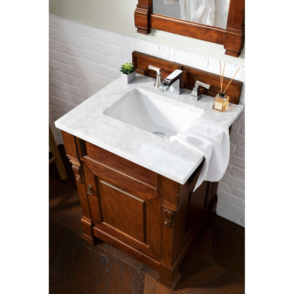 Brookfield 26" Single Vanity, Warm Cherry w/ 3 CM Carrara Marble Top
