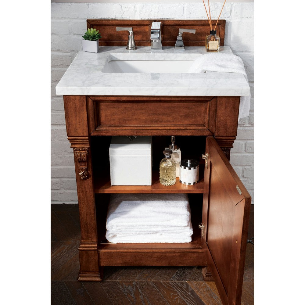 Brookfield 26" Single Vanity, Warm Cherry w/ 3 CM Carrara Marble Top