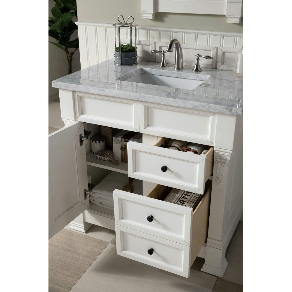 Brookfield 36" Single Vanity, Bright White w/ 3 CM Carrara Marble Top