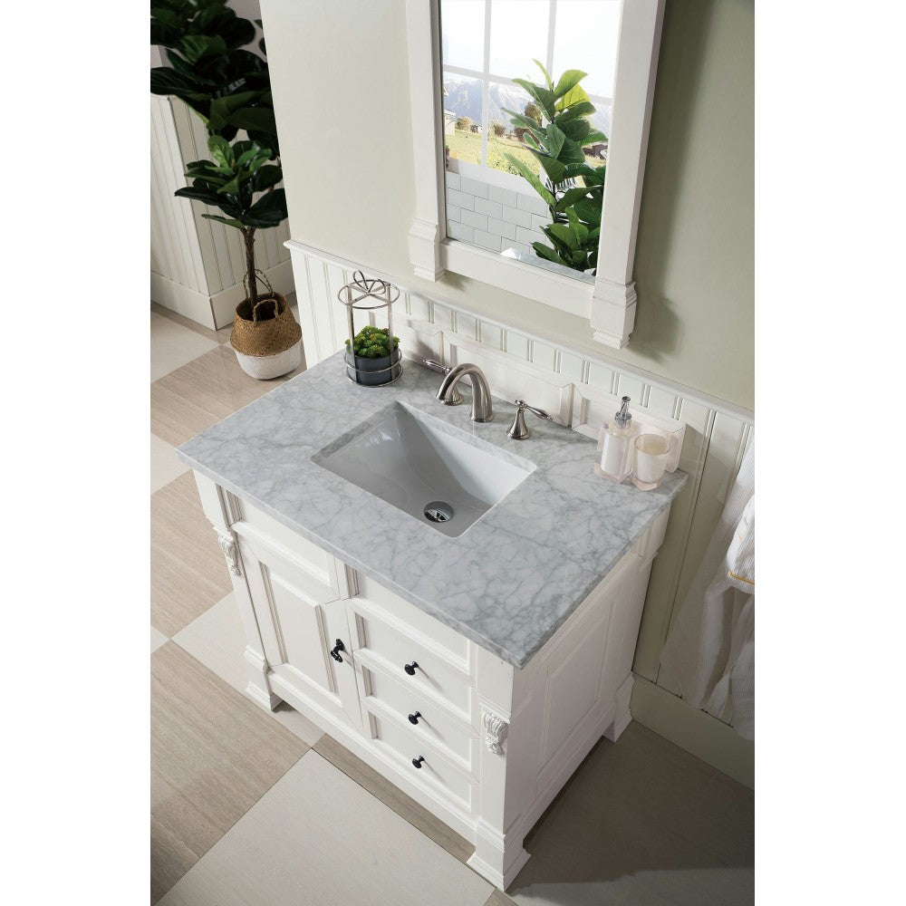 Brookfield 36" Single Vanity, Bright White w/ 3 CM Carrara Marble Top