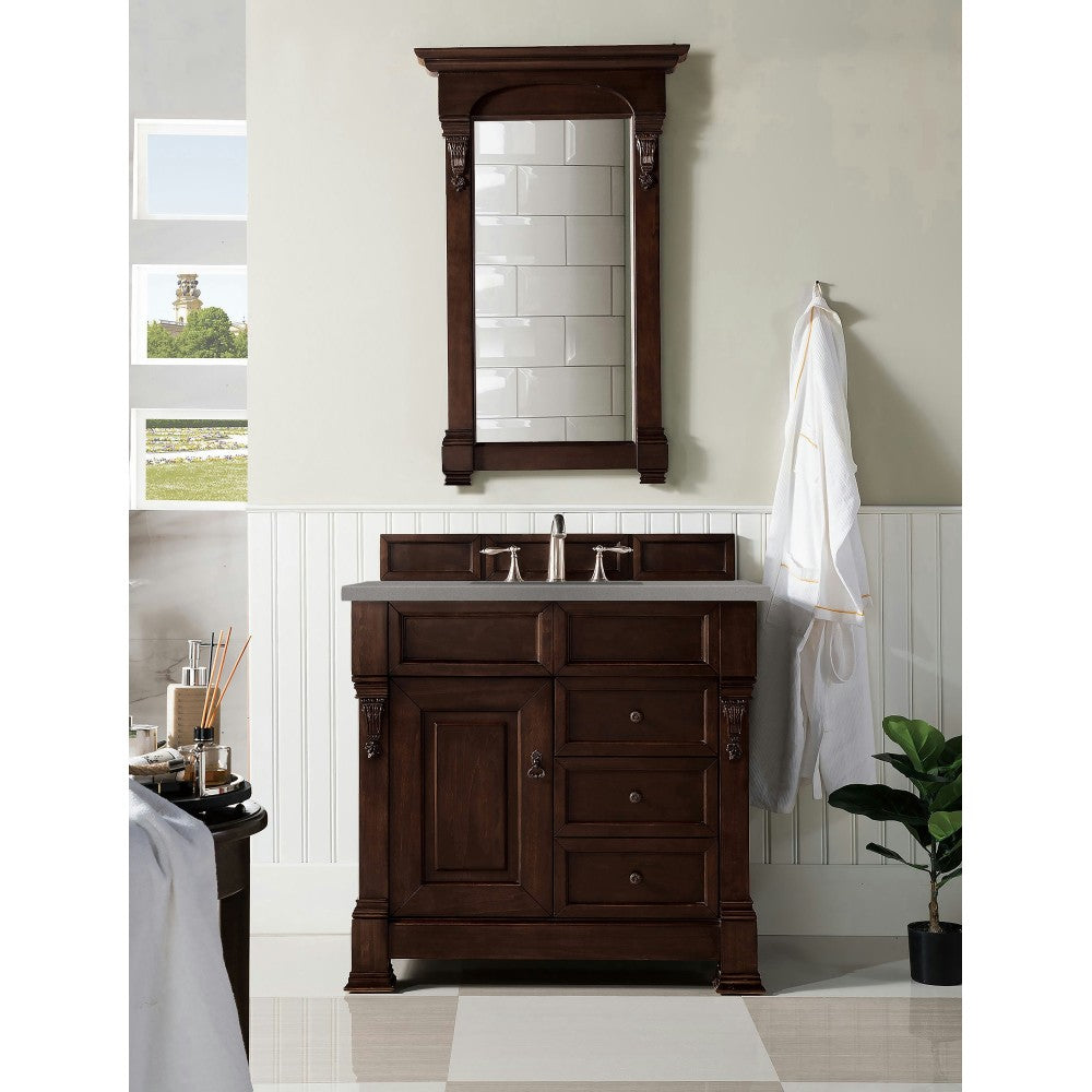 Brookfield 36" Single Vanity, Burnished Mahogany w/ 3 CM Gray Expo Quartz Top