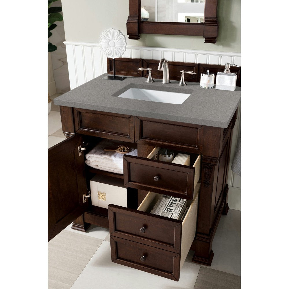 Brookfield 36" Single Vanity, Burnished Mahogany w/ 3 CM Gray Expo Quartz Top