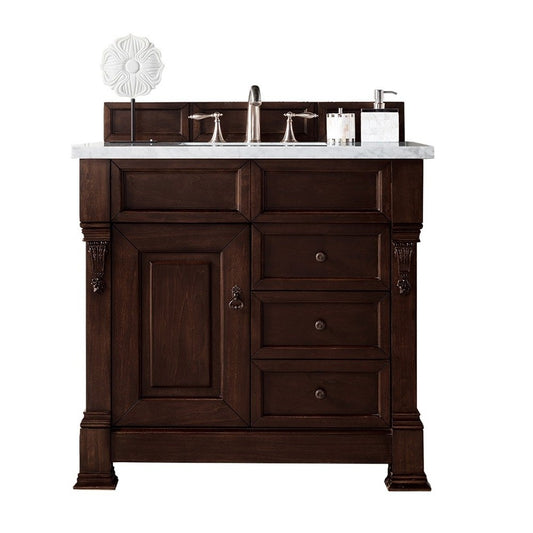 Brookfield 36" Single Vanity, Burnished Mahogany w/ 3 CM Carrara Marble Top