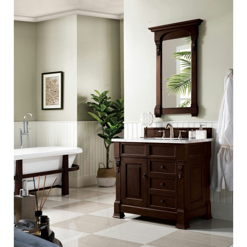 Brookfield 36" Single Vanity, Burnished Mahogany w/ 3 CM Carrara Marble Top