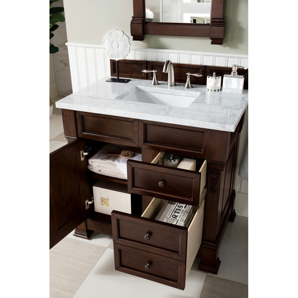 Brookfield 36" Single Vanity, Burnished Mahogany w/ 3 CM Carrara Marble Top