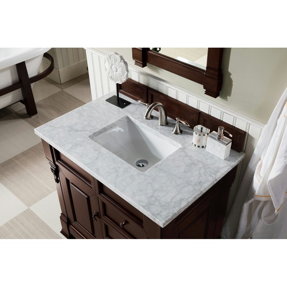 Brookfield 36" Single Vanity, Burnished Mahogany w/ 3 CM Carrara Marble Top