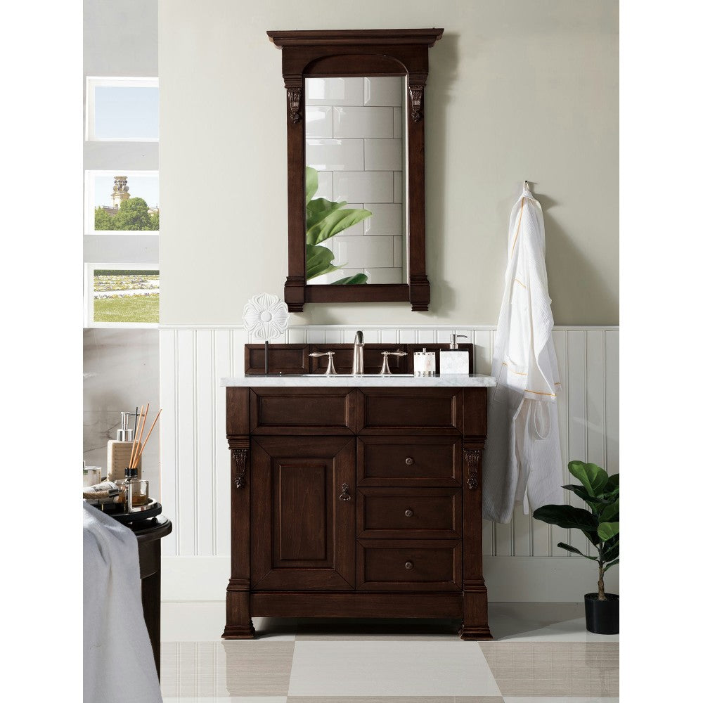 Brookfield 36" Single Vanity, Burnished Mahogany w/ 3 CM Carrara Marble Top