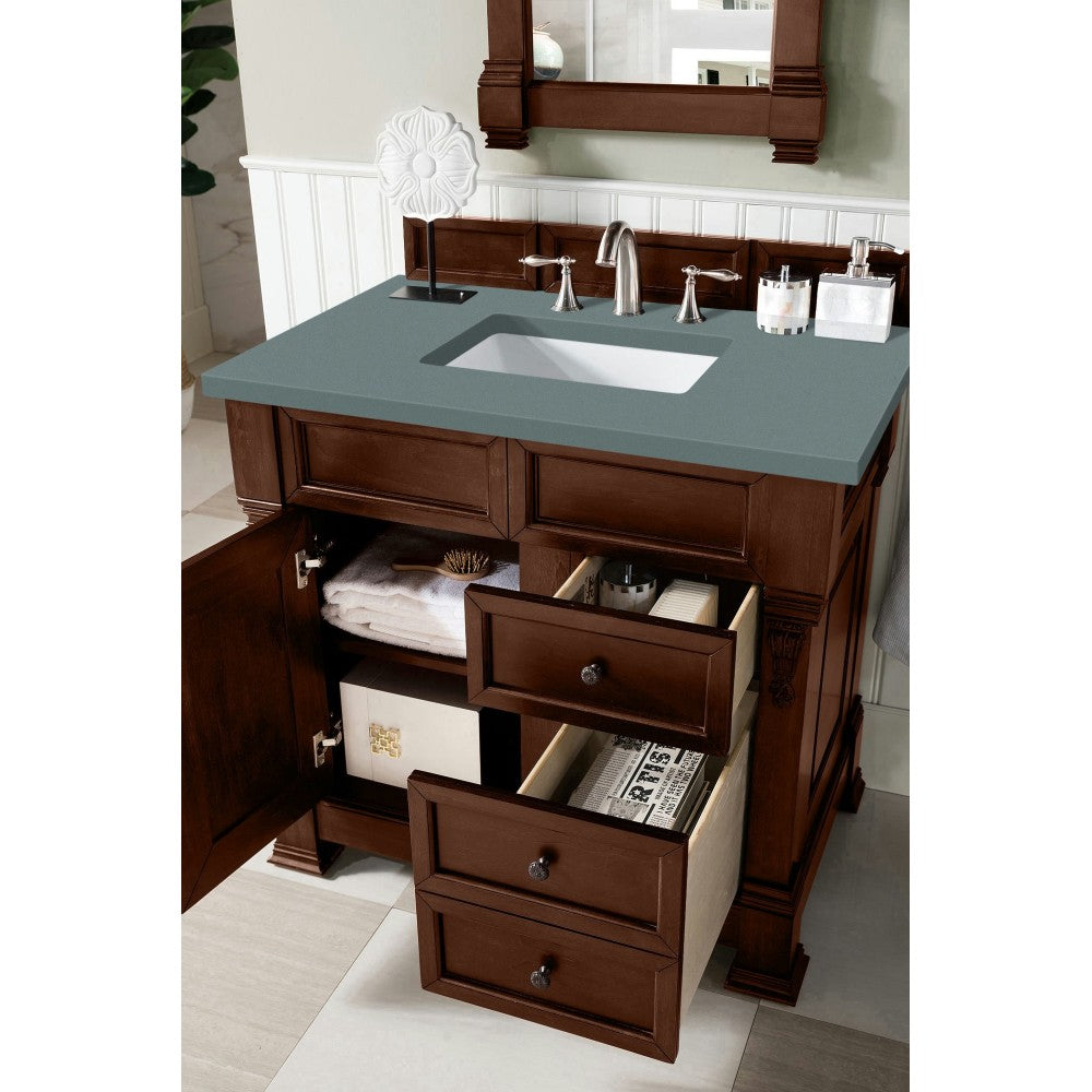 Brookfield 36" Single Vanity, Warm Cherry w/ 3 CM Cala Blue Quartz Top