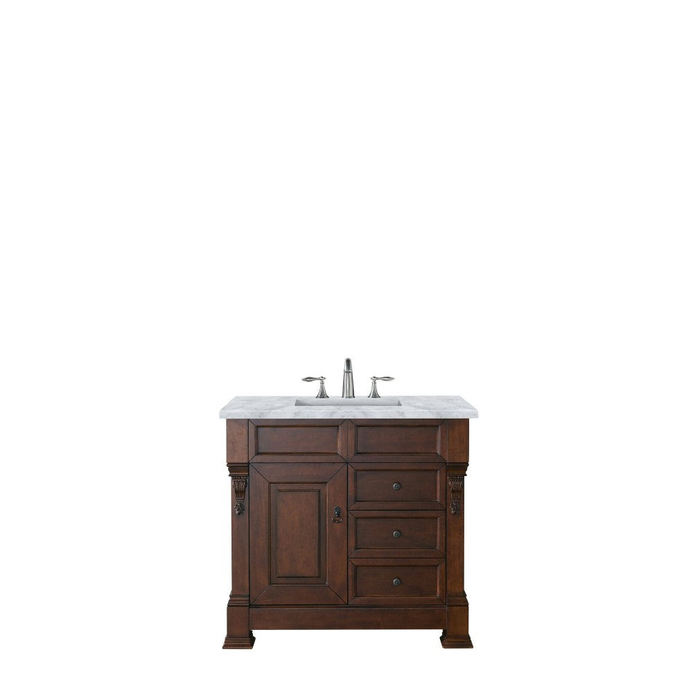 Brookfield 36" Single Vanity, Warm Cherry w/ 3 CM Carrara Marble Top
