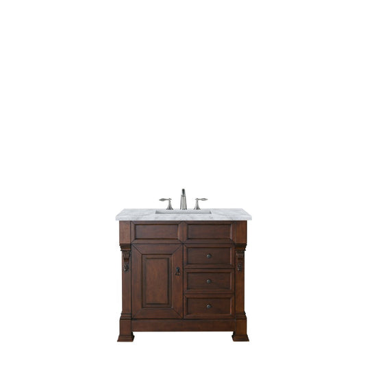 Brookfield 36" Single Vanity, Warm Cherry w/ 3 CM Carrara Marble Top