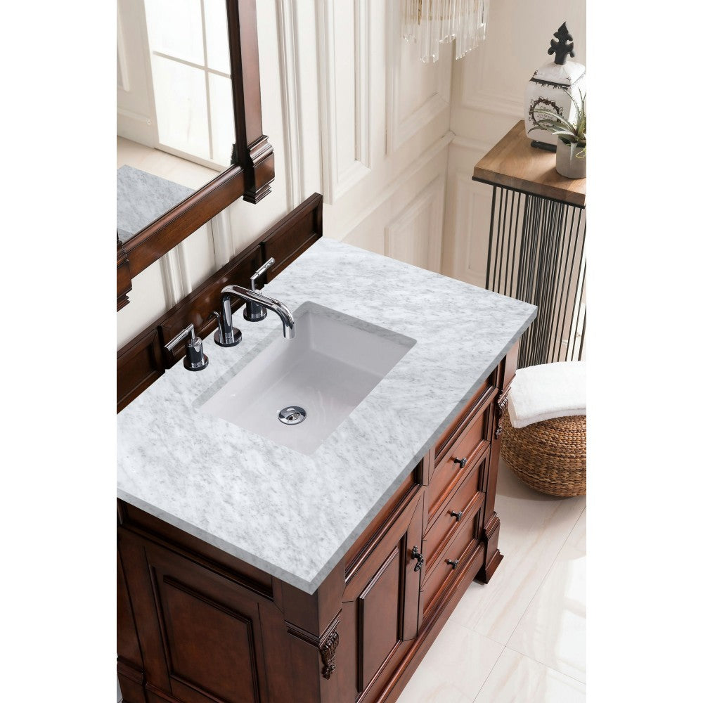 Brookfield 36" Single Vanity, Warm Cherry w/ 3 CM Carrara Marble Top