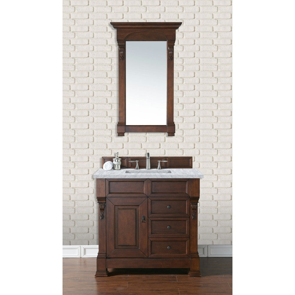 Brookfield 36" Single Vanity, Warm Cherry w/ 3 CM Carrara Marble Top