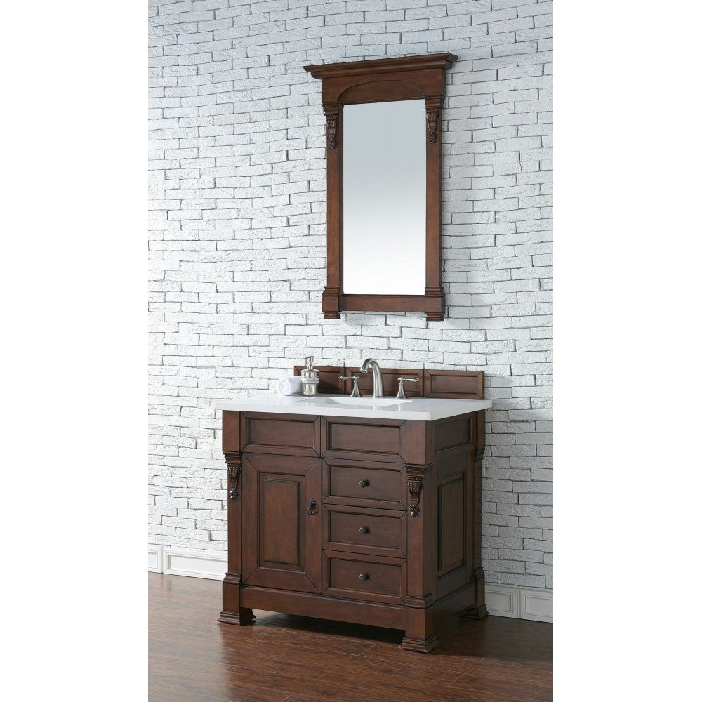 Brookfield 36" Single Vanity, Warm Cherry w/ 3 CM Classic White Quartz Top