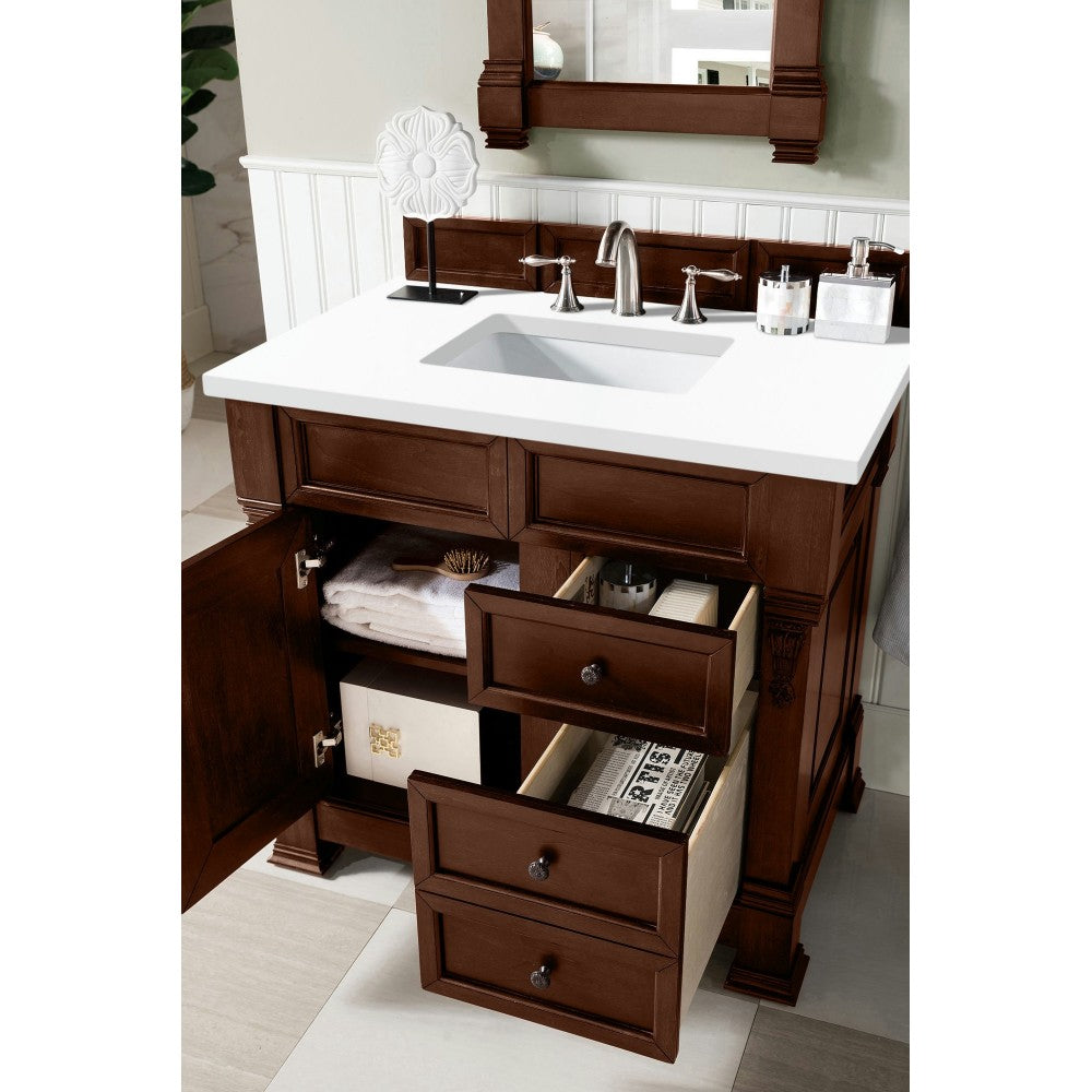 Brookfield 36" Single Vanity, Warm Cherry w/ 3 CM Classic White Quartz Top