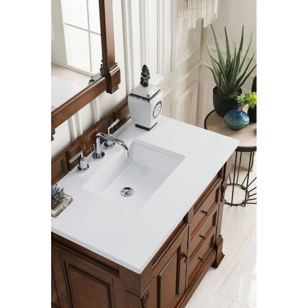 Brookfield 36" Single Vanity, Warm Cherry w/ 3 CM Classic White Quartz Top