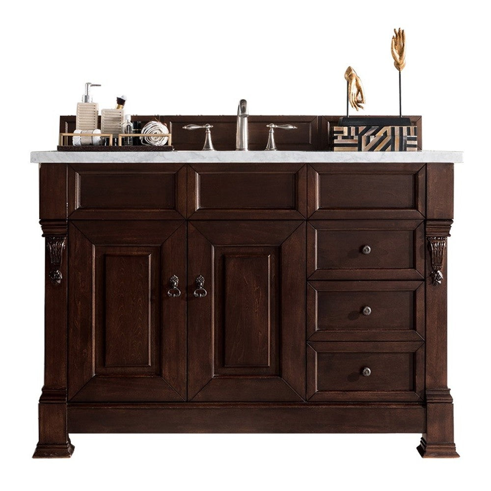 Brookfield 48" Single Vanity, Burnished Mahogany w/ 3 CM Carrara Marble Top