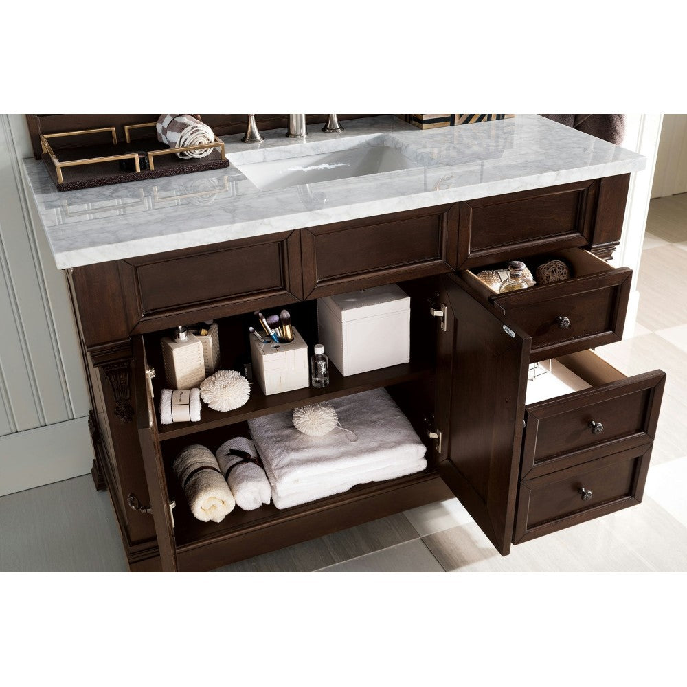 Brookfield 48" Single Vanity, Burnished Mahogany w/ 3 CM Carrara Marble Top