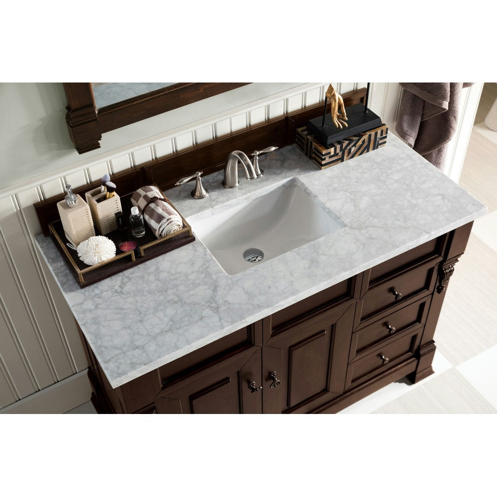 Brookfield 48" Single Vanity, Burnished Mahogany w/ 3 CM Carrara Marble Top