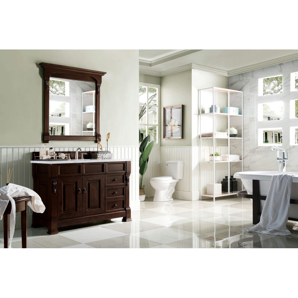 Brookfield 48" Single Vanity, Burnished Mahogany w/ 3 CM Carrara Marble Top