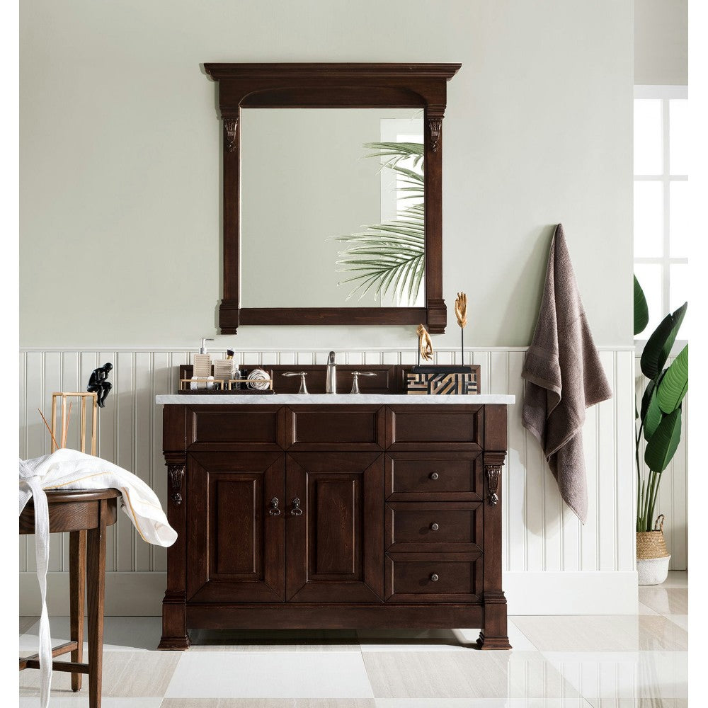 Brookfield 48" Single Vanity, Burnished Mahogany w/ 3 CM Carrara Marble Top