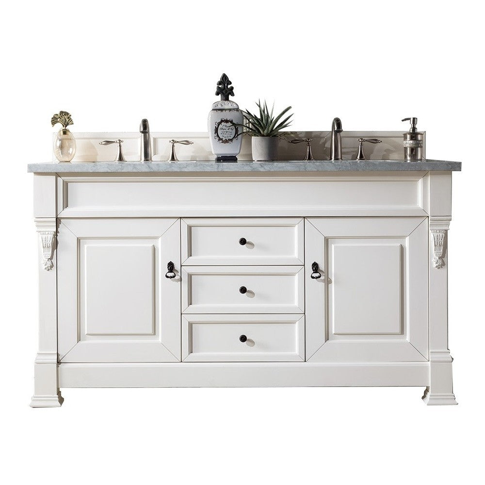 Brookfield 60" Double Vanity, Bright White w/ 3 CM Carrara Marble Top