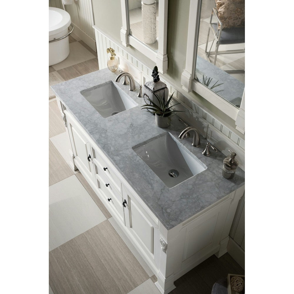 Brookfield 60" Double Vanity, Bright White w/ 3 CM Carrara Marble Top