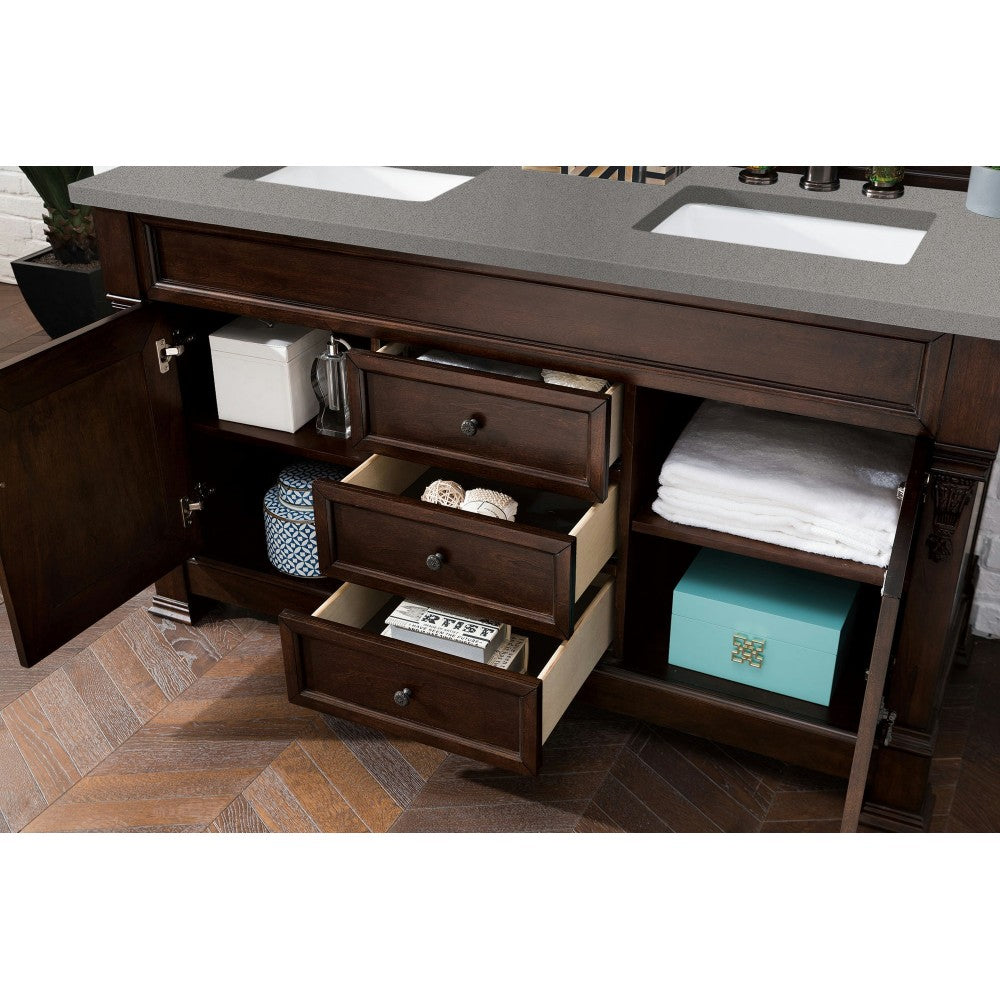 Brookfield 60" Double Vanity, Burnished Mahogany w/ 3 CM Gray Expo Quartz Top