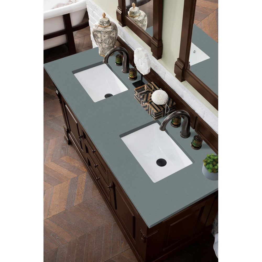 Brookfield 60" Double Vanity, Burnished Mahogany w/ 3 CM Cala Blue Quartz Top