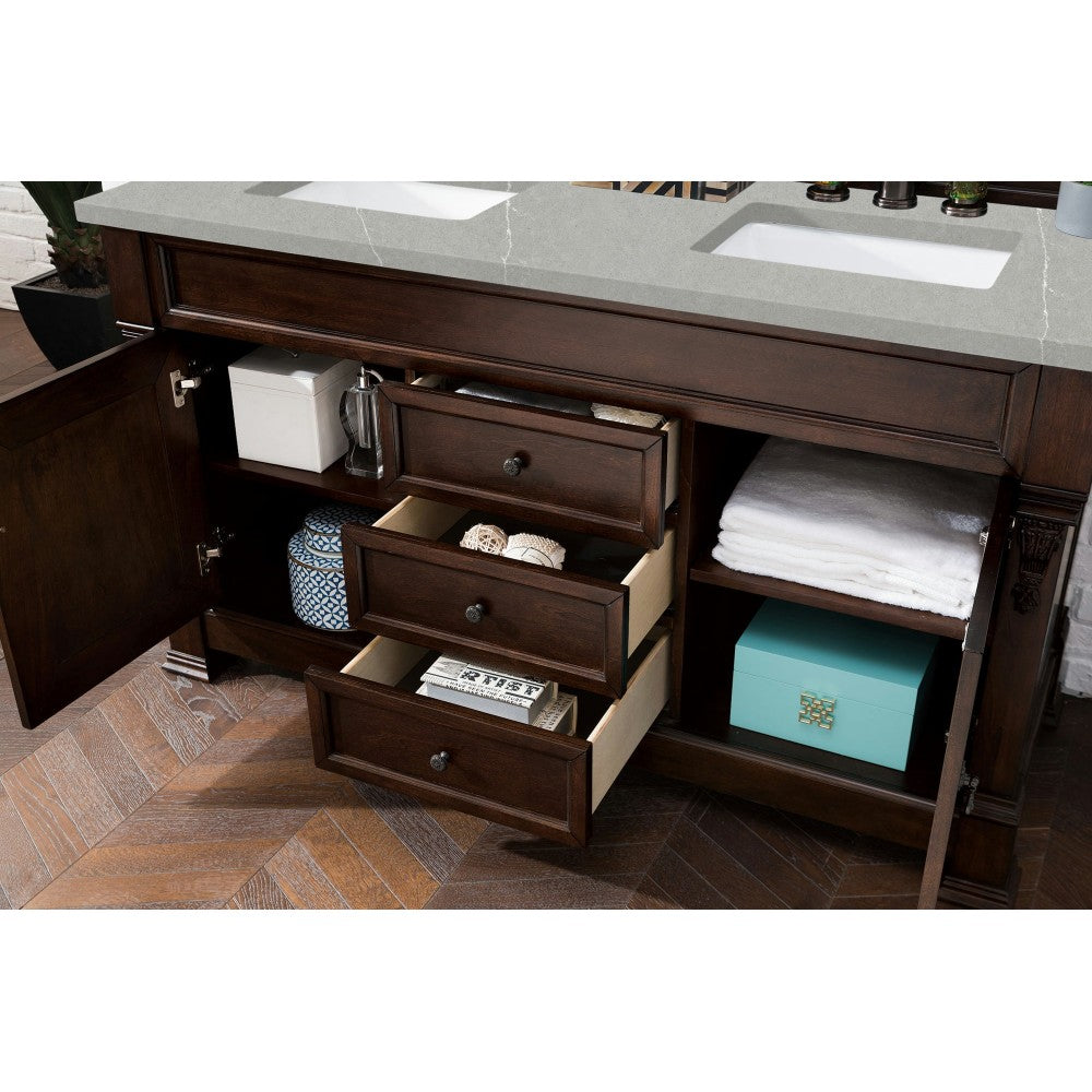 Brookfield 60" Double Vanity Burnished Mahogany w/3 CM Eternal Serena Quartz Top