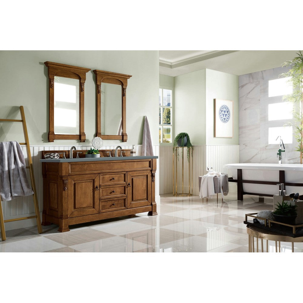 Brookfield 60" Double Vanity, Country Oak w/ 3 CM Cala Blue Quartz Top