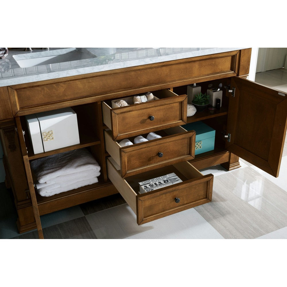 Brookfield 60" Double Vanity, Country Oak w/ 3 CM Carrara Marble Top