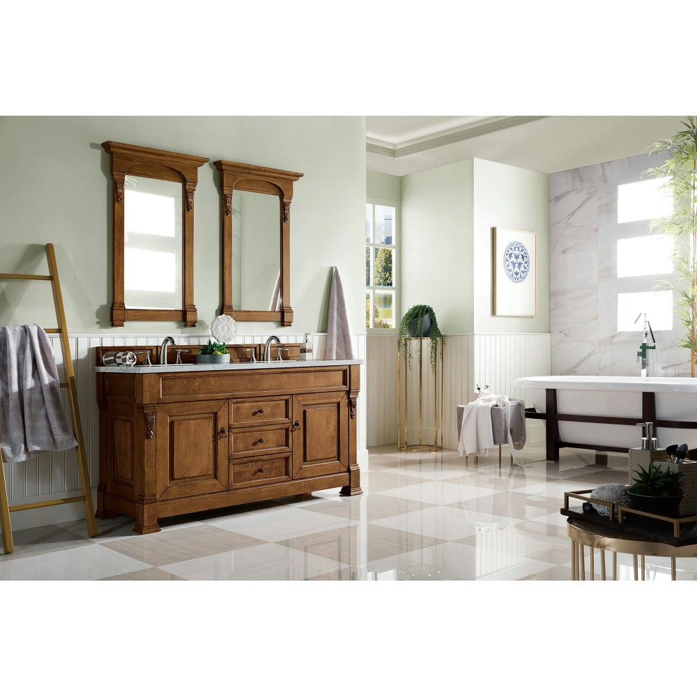 Brookfield 60" Double Vanity, Country Oak w/ 3 CM Carrara Marble Top