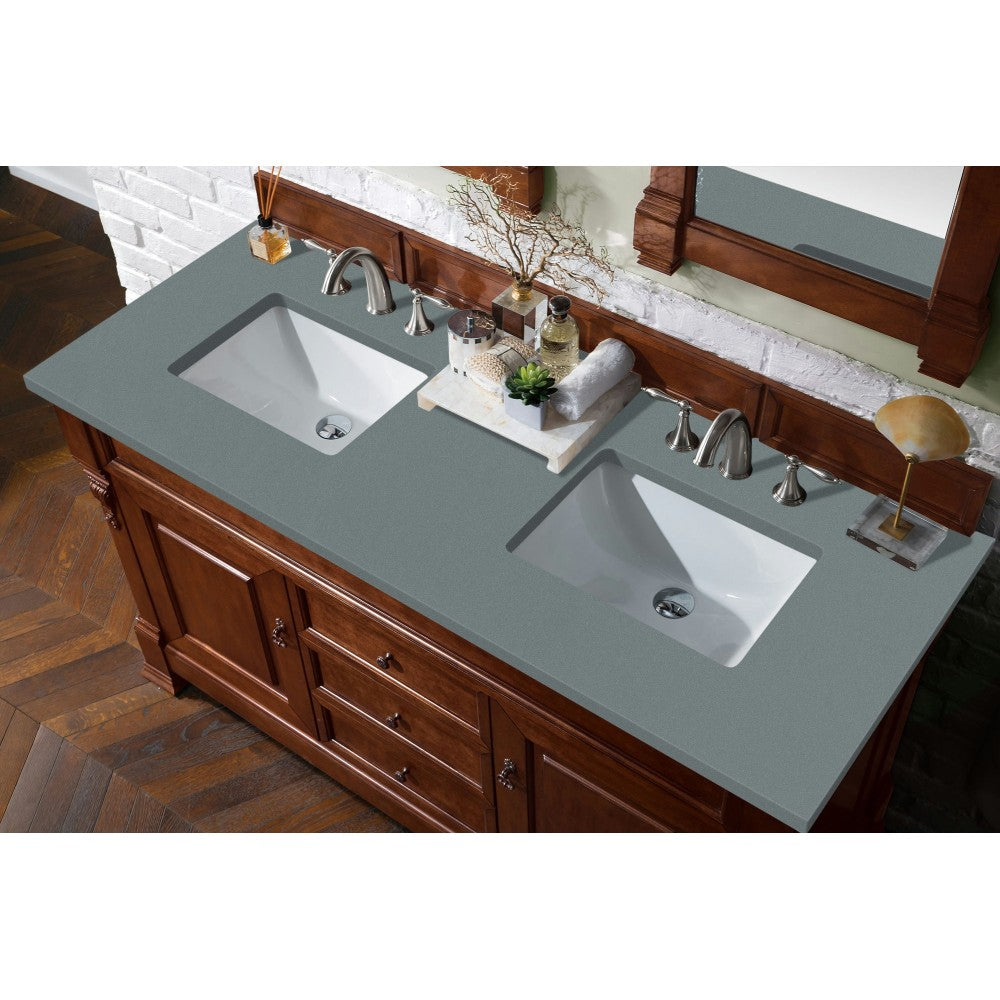 Brookfield 60" Double Vanity, Warm Cherry w/ 3 CM Cala Blue Quartz Top