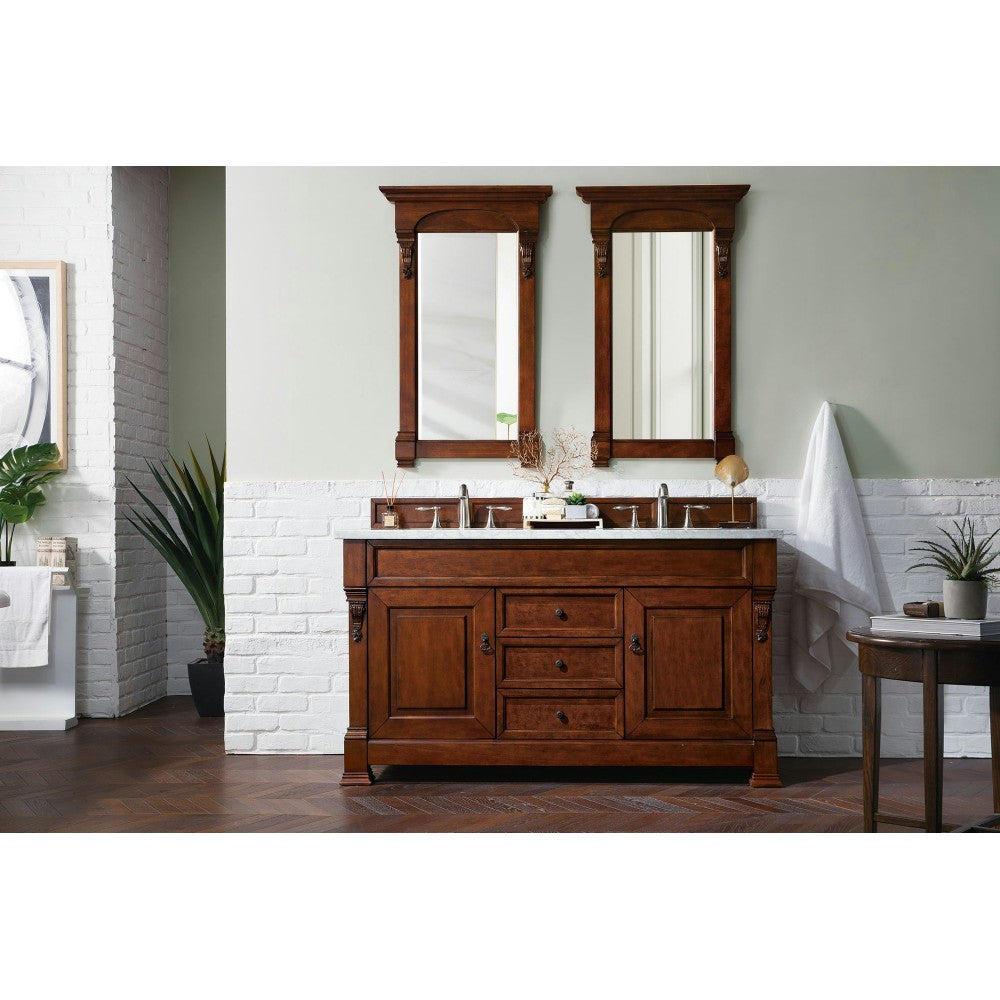 Brookfield 60" Double Vanity, Warm Cherry w/ 3 CM Carrara Marble Top