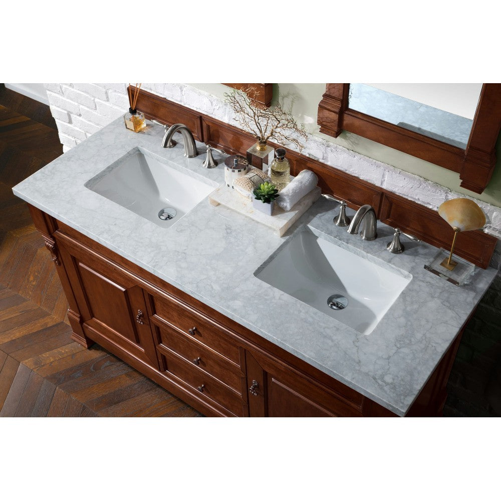 Brookfield 60" Double Vanity, Warm Cherry w/ 3 CM Carrara Marble Top