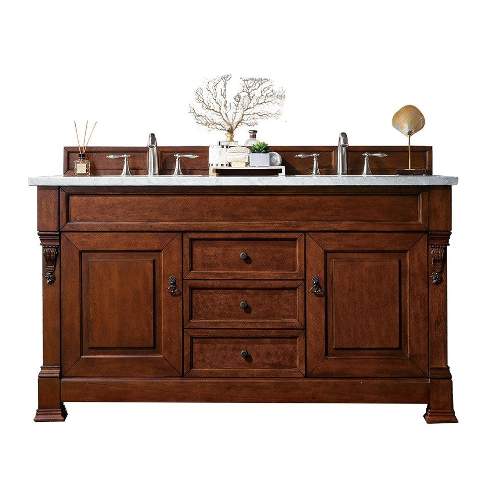 Brookfield 60" Double Vanity Warm Cherry w/ 3 CM Jasmine Pearl Quartz Top