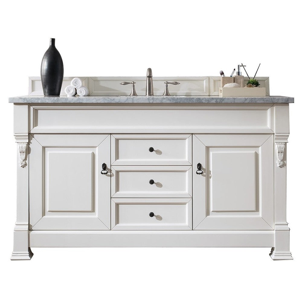 Brookfield 60" Single Vanity, Bright White w/ 3 CM Carrara Marble Top