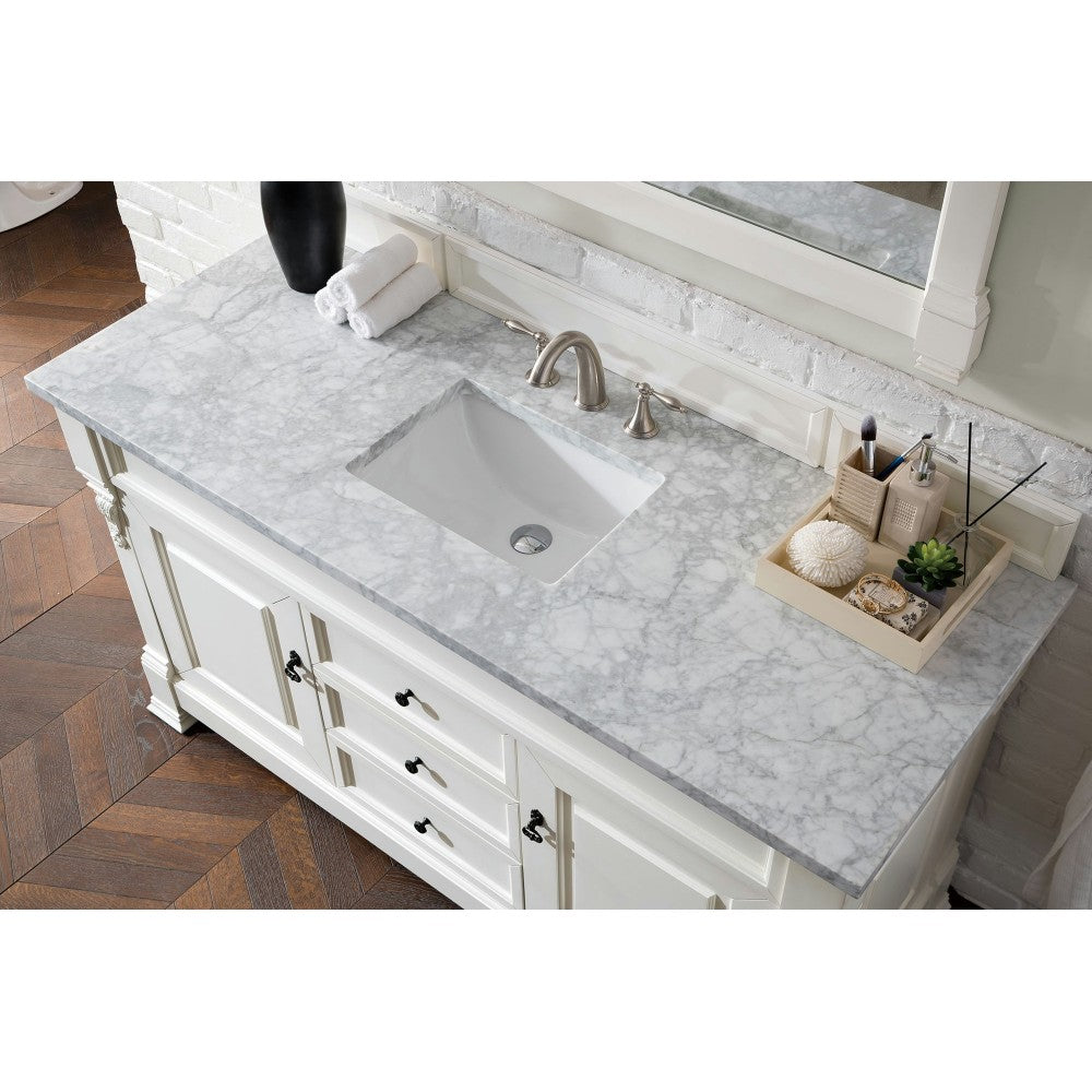 Brookfield 60" Single Vanity, Bright White w/ 3 CM Carrara Marble Top