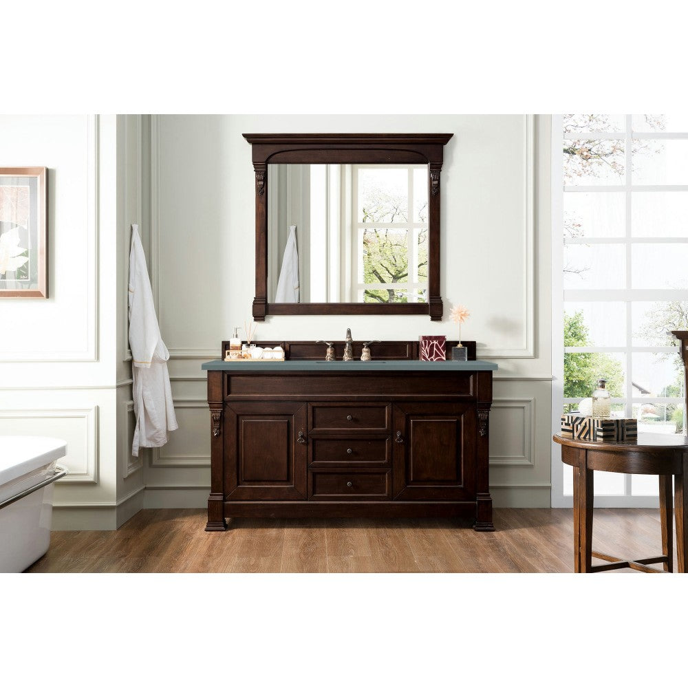 Brookfield 60" Single Vanity, Burnished Mahogany w/ 3 CM Cala Blue Quartz Top