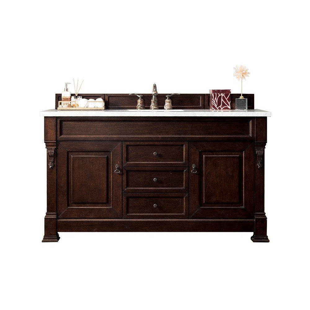 Brookfield 60" Single Vanity, Burnished Mahogany w/ 3 CM Carrara Marble Top