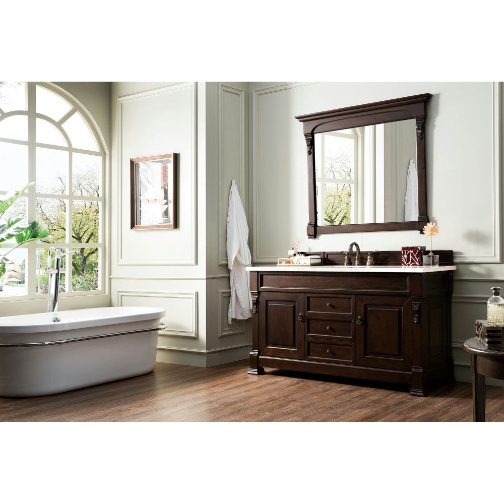 Brookfield 60" Single Vanity, Burnished Mahogany w/ 3 CM Carrara Marble Top