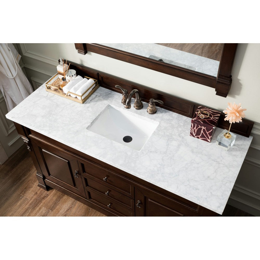 Brookfield 60" Single Vanity, Burnished Mahogany w/ 3 CM Carrara Marble Top