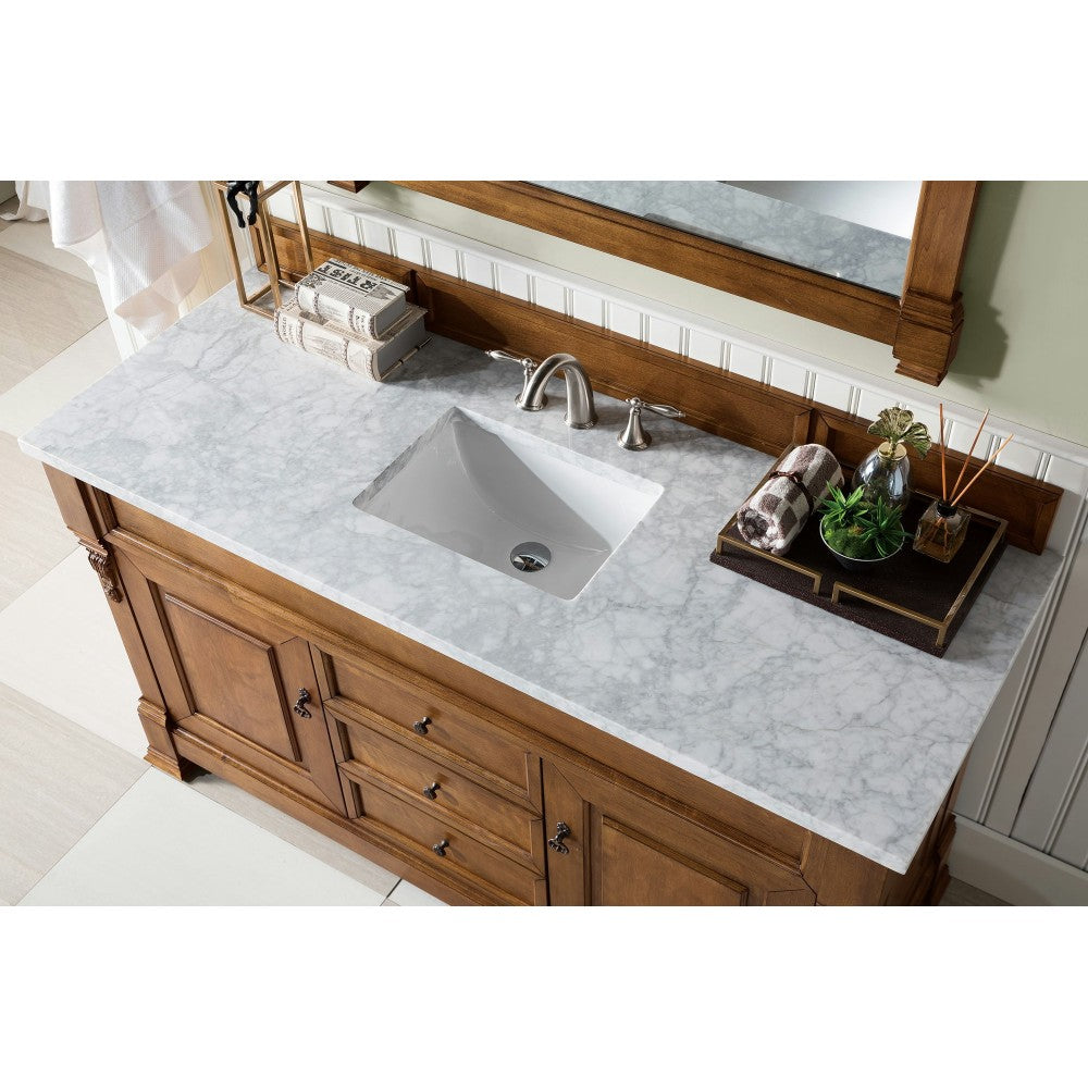 Brookfield 60" Single Vanity, Country Oak w/ 3 CM Carrara Marble Top