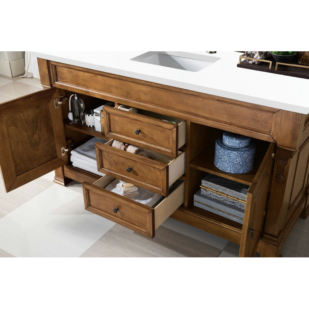 Brookfield 60" Single Vanity, Country Oak w/ 3 CM Classic White Quartz Top